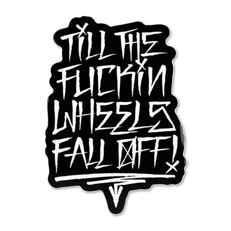 Black die-cut sticker with white graffiti-style lettering.