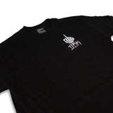Black FU Tee with small chest graphic logo on crew neck.