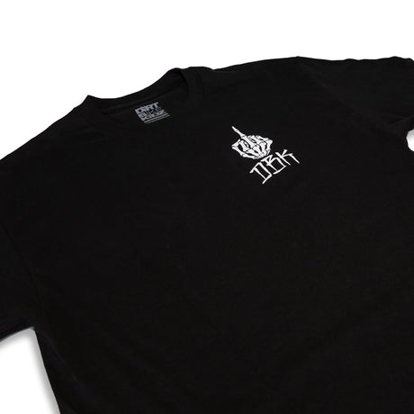 Black FU Tee with small chest graphic logo on crew neck.