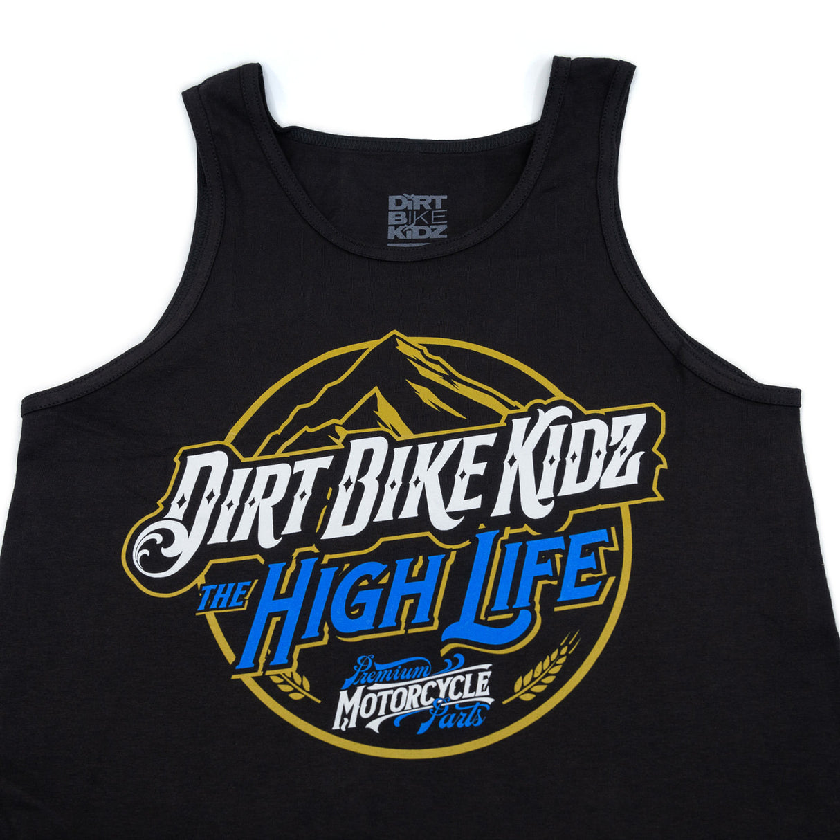 Black tank top with large 'Dirt Bike Kidz' 'High Life' motorcycle graphic