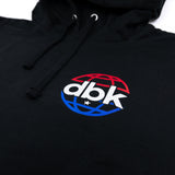 Black hoodie close-up of hood drawstrings and “dbk” logo on the chest