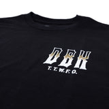 Black T-shirt close-up of small chest logo and T.T.W.F.O. text