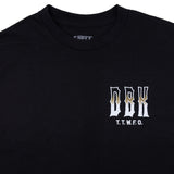 Black T-shirt close-up of neckline and small chest logo text