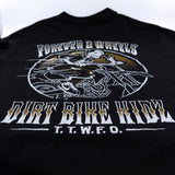 Black T-shirt close-up of large back wheel rider graphic and title text