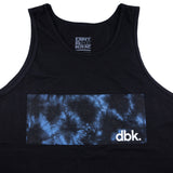 Black tank top with blue tie-dye print band and Dirt Bike Kindz label at neckline