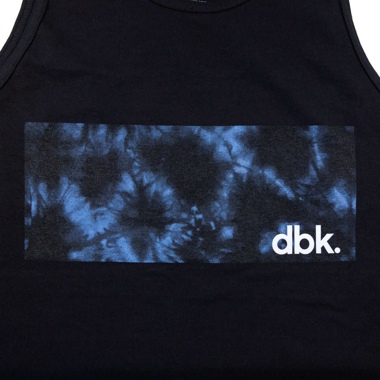 Tank top front print close-up: blue tie-dye rectangle with dbk logo on black