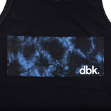 Tank top front print close-up: blue tie-dye rectangle with dbk logo on black