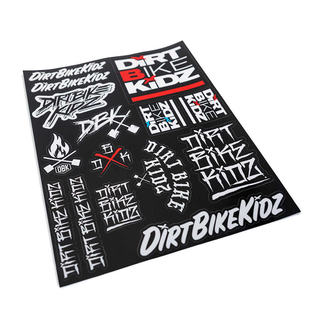 Sticker sheet with Dirt Bike KidZ logos and graffiti-style bike decals in white and red