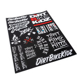 Sticker sheet with Dirt Bike KidZ logos and graffiti-style bike decals in white and red