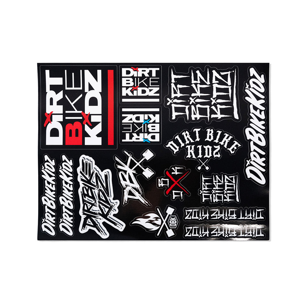 Sticker sheet with Dirt Bike KidZ graffiti-style decals in white, red, and black