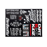 Sticker sheet with Dirt Bike KidZ graffiti decals, cross icons, and red detail accents