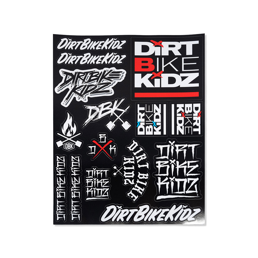 Sticker sheet with Dirt Bike KidZ logo panel and assorted graffiti bike decals in white and red