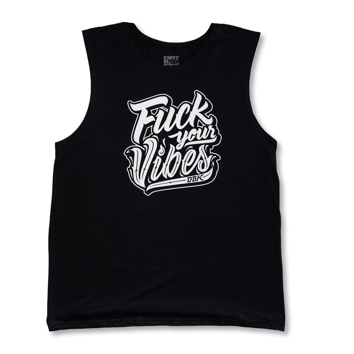 Black mens tank top with "Fuck your Vibes" front graphic and small neck logo