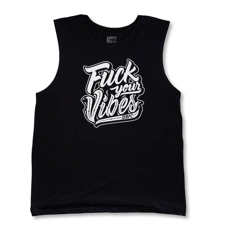 Black mens tank top with "Fuck your Vibes" front graphic and small neck logo