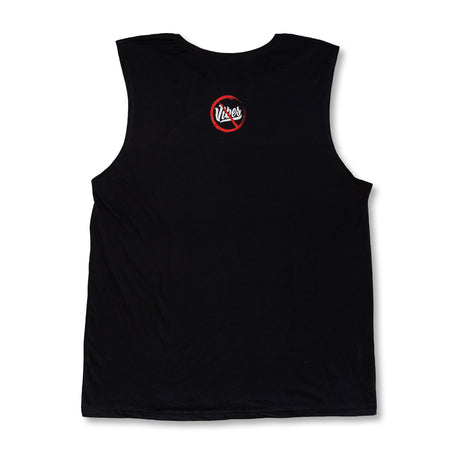 Black mens tank top with small Vibes logo on the front left