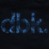 Youth black crewneck T-shirt with close-up blue tie-dye text graphic