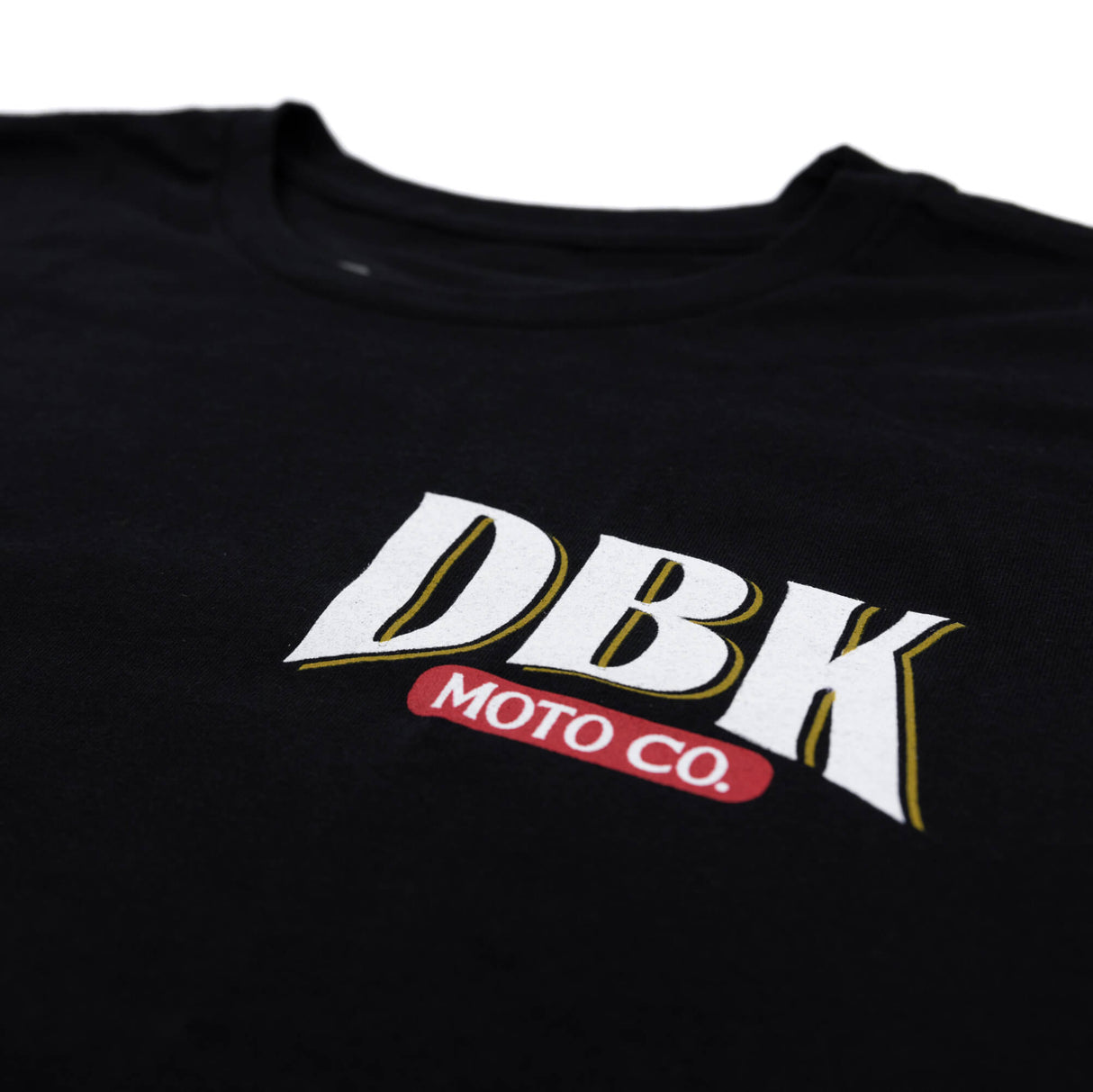 DBK Premium Tall Tee, black, close-up of DBK Moto Co. chest logo