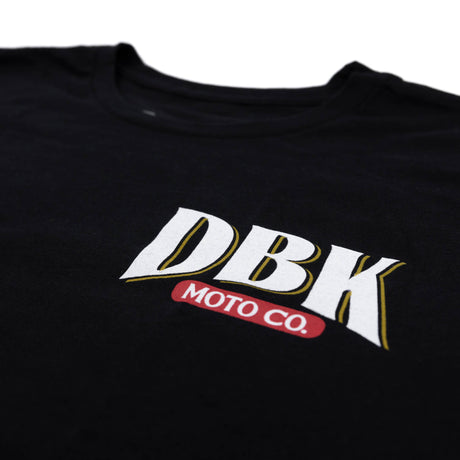 DBK Premium Tall Tee, black, close-up of DBK Moto Co. chest logo