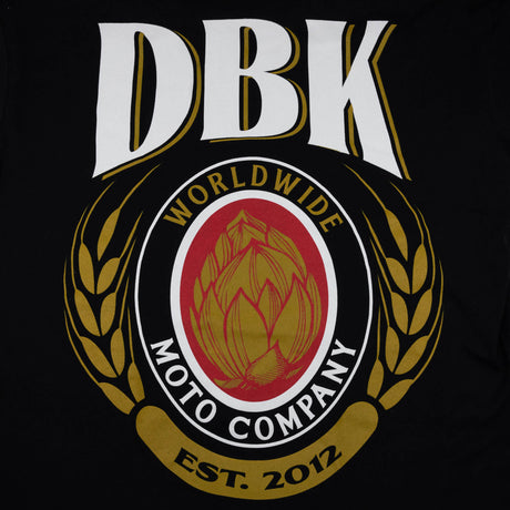 DBK Premium Tall Tee, black, close-up of DBK World Wide Moto Company crest