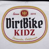 Premium tall tee logo close-up, white fabric with DirtBike KIDZ oval graphic