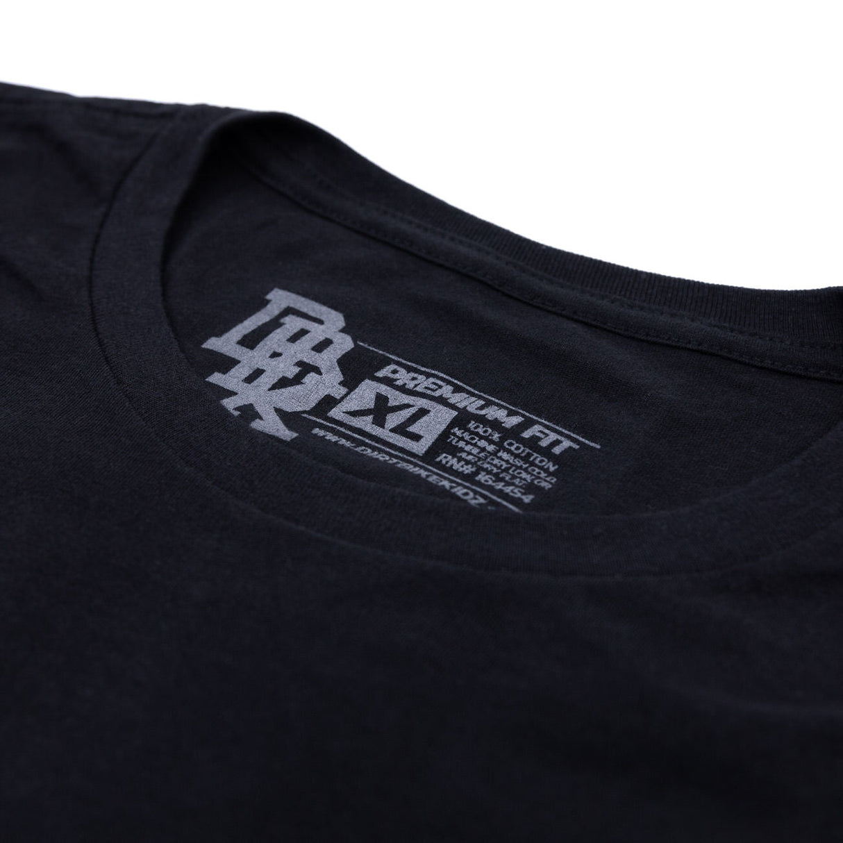 DBK Premium Tall Tee, black, close-up of interior neck label text