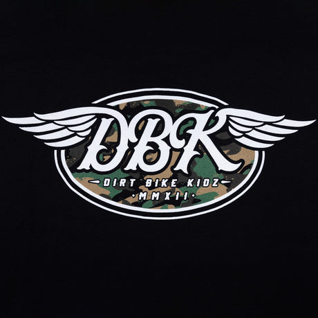 Black tall tee with winged DBK emblem featuring camo-style center graphic