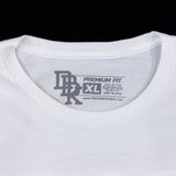 White tall T-shirt with crew neck and black chest logo graphic, size XL