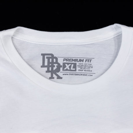 White tall T-shirt with crew neck and black chest logo graphic, size XL