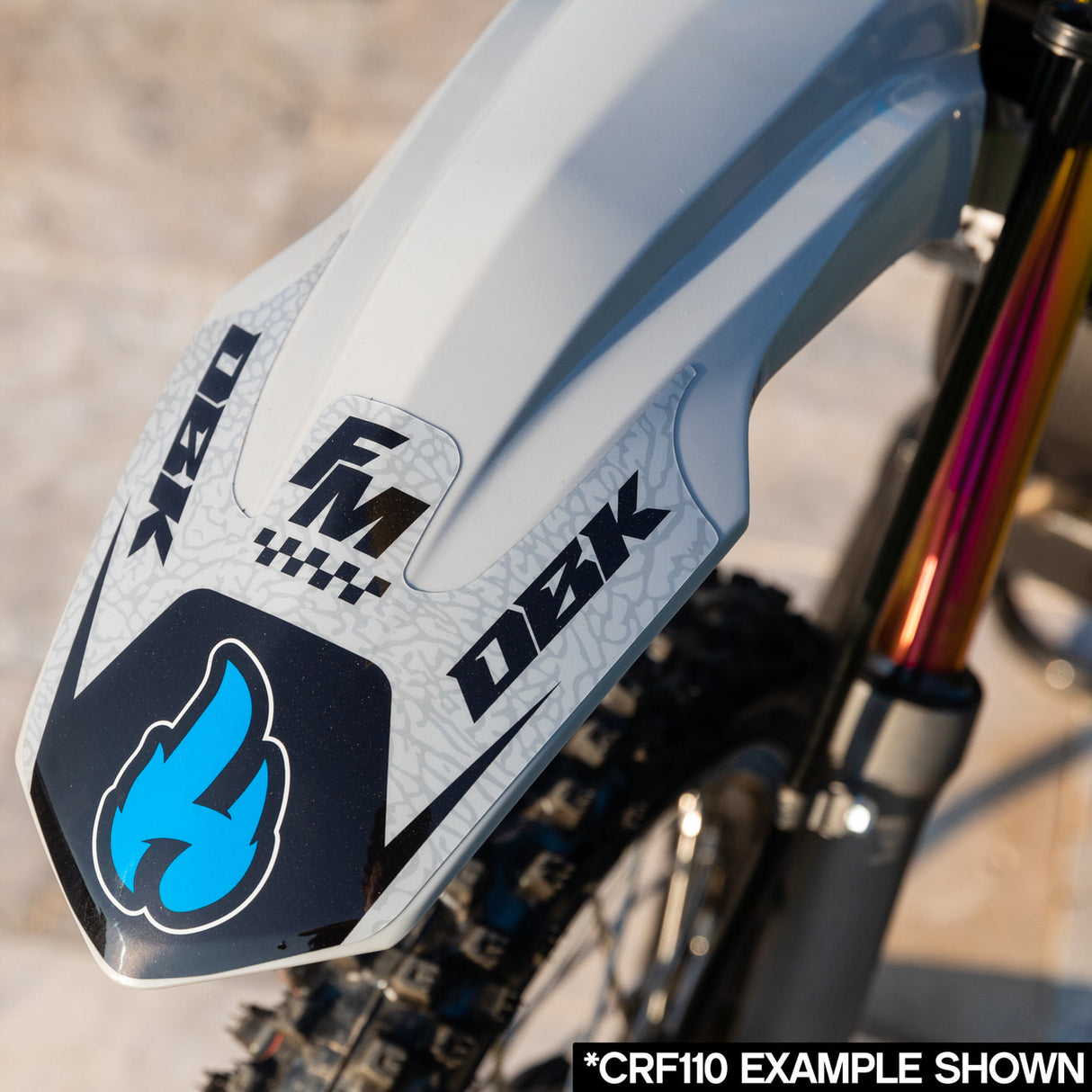 Yamaha TTR 110 fairing graphics on light gray panel with blue and black logos