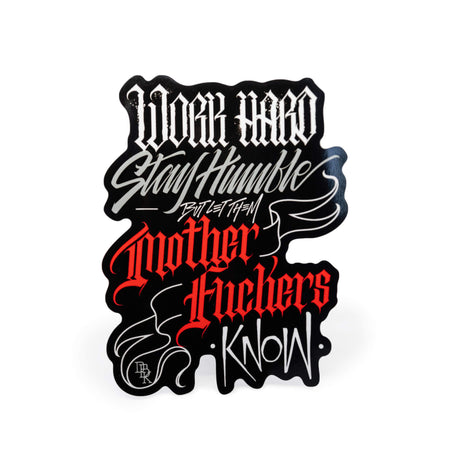 Black die-cut typographic sticker with red and white lettering, bold streetwear style