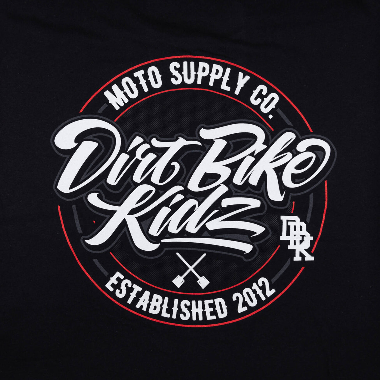 Black youth premium tee close-up of Moto Supply Co. Drift Bike Kidz back graphic.