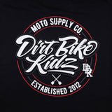 Black youth premium tee close-up of Moto Supply Co. Drift Bike Kidz back graphic.
