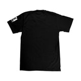 Black crewneck T-shirt back view with small side sleeve label