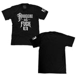 Black crewneck T-shirt back view, with small sleeve label and neckline tag