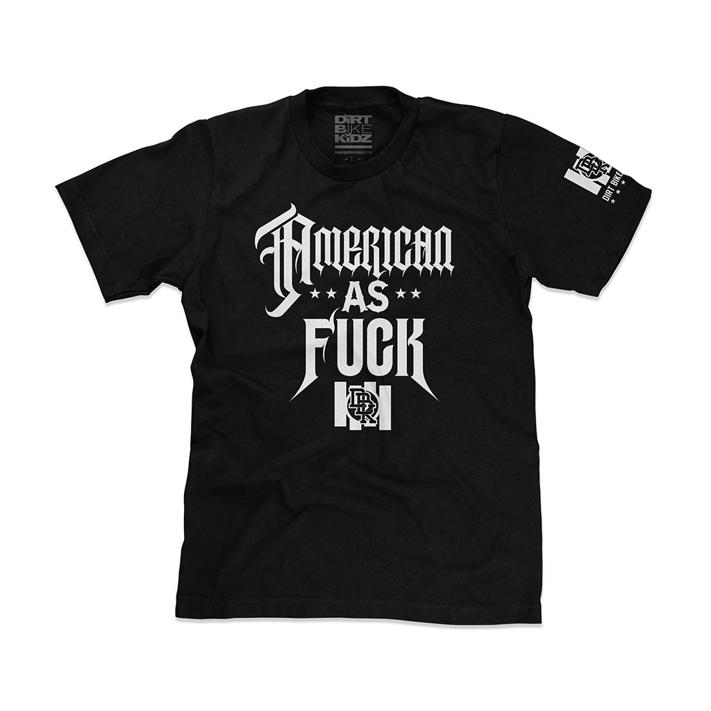 Black crewneck graphic T-shirt front view with bold white lettering