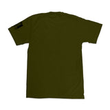 Military green crewneck T-shirt back view with small sleeve label