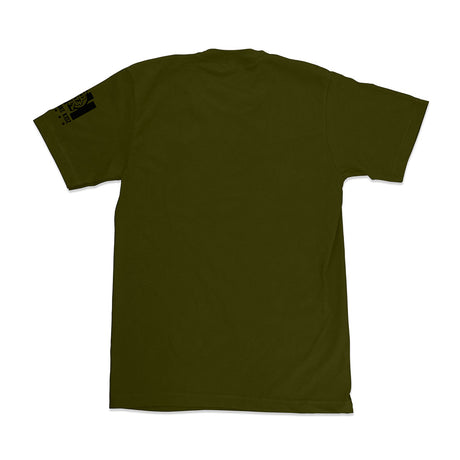 Military green crewneck T-shirt back view with small sleeve label
