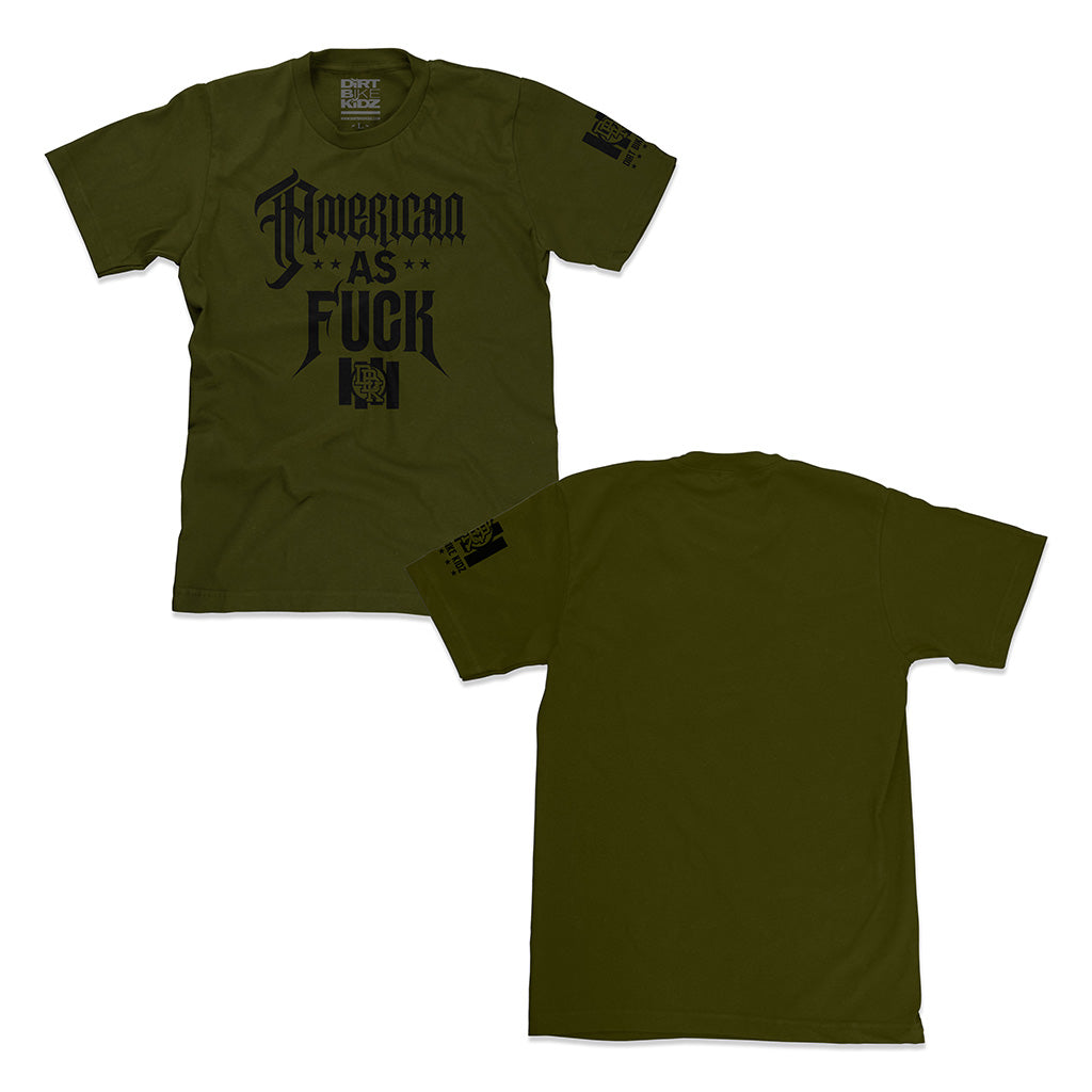 Military green crewneck graphic T-shirt with large front text and logo