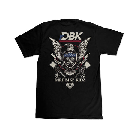 Black crewneck T-shirt with large DBK Dirt Bike Kidz eagle graphic on the back.