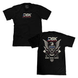 Two T-shirt views: black front with DBK logo and black back with eagle graphic.