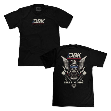 Two T-shirt views: black front with DBK logo and black back with eagle graphic.