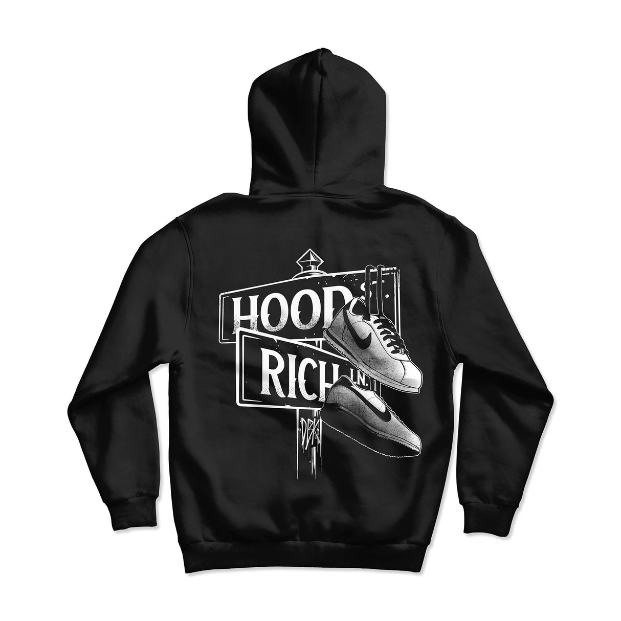 Black kids hoodie back print with HOOD RICH graphic and sneaker illustration