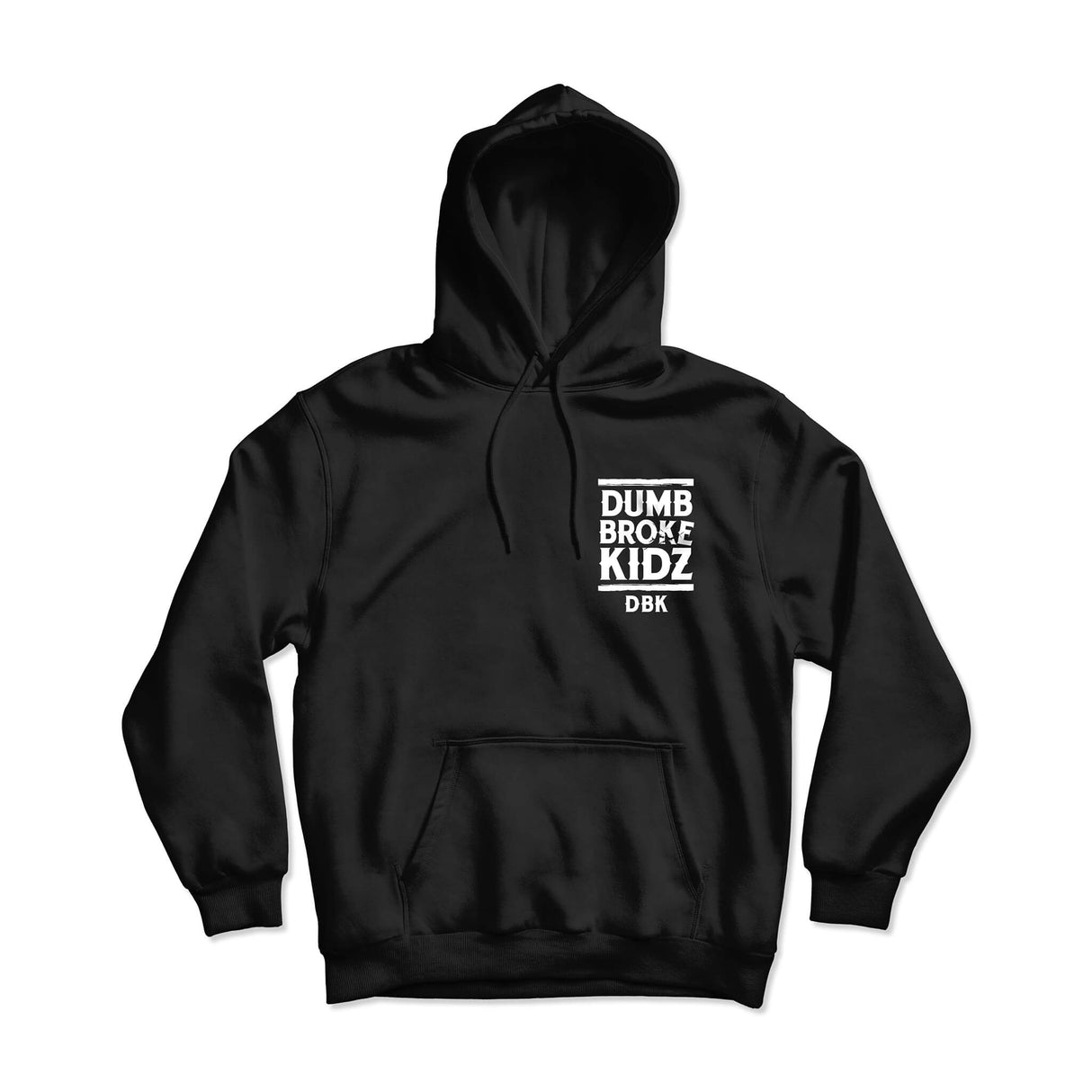 Black kids hoodie front view, chest logo and kangaroo pocket