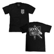Two black graphic tees: front “DUMB BROKE KIDZ” and back “HOOR RICH” shoe print
