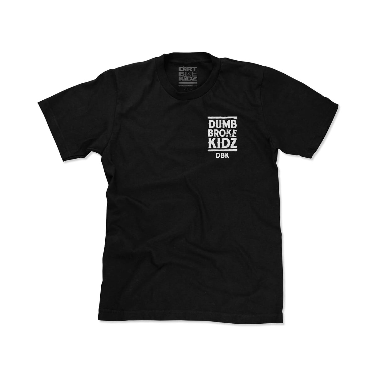 Black crew-neck kids tee with small “DUMB BROKE KIDZ” chest logo print