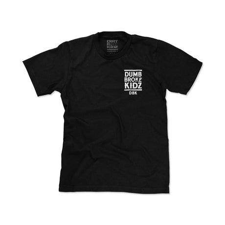 Black crew-neck kids tee with small “DUMB BROKE KIDZ” chest logo print