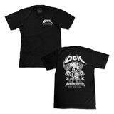 Black T-shirt pair: small DBK logo front and large skull engine back graphic.