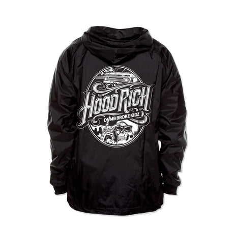 Black hooded windbreaker with large back graphic print and front zip
