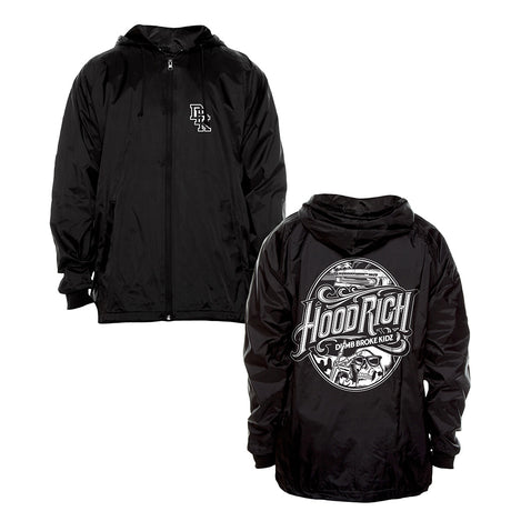 Black hooded windbreaker with front zip, drawstring hood, small chest logo