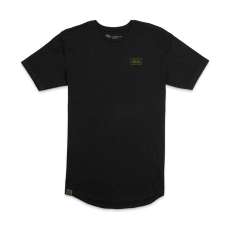 Black premium tall T-shirt with dbk logo on left chest and curved hem